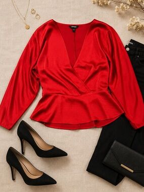 Express Red Satin Wrap Peplum Faux Wrap Blouse